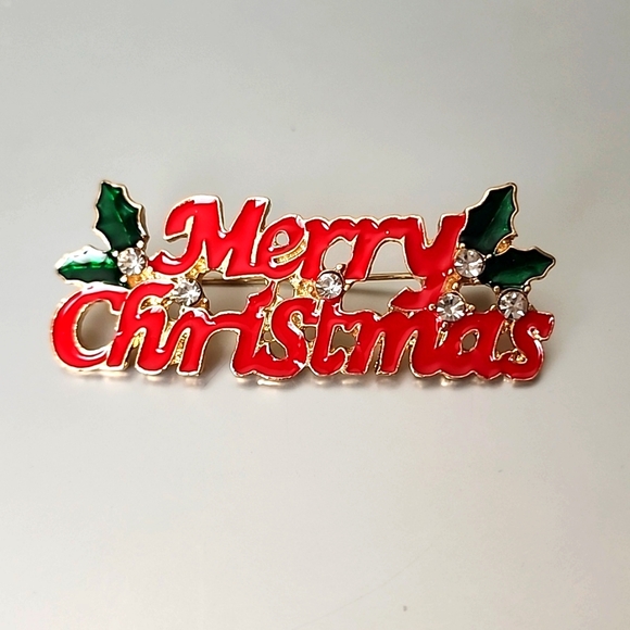 RED Green Gold Enamel and Rhinestone Christmas  Brooch - Picture 1 of 5